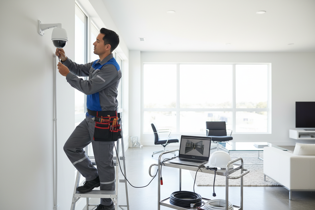 Técnico instalando cámara de seguridad en hogar moderno